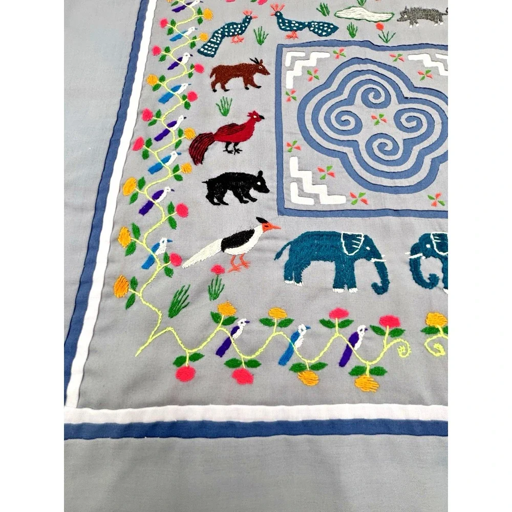 Vintage Hmong Hand Embroidered Story Cloth Tapestry Matching Set of 2 17.5x17.5